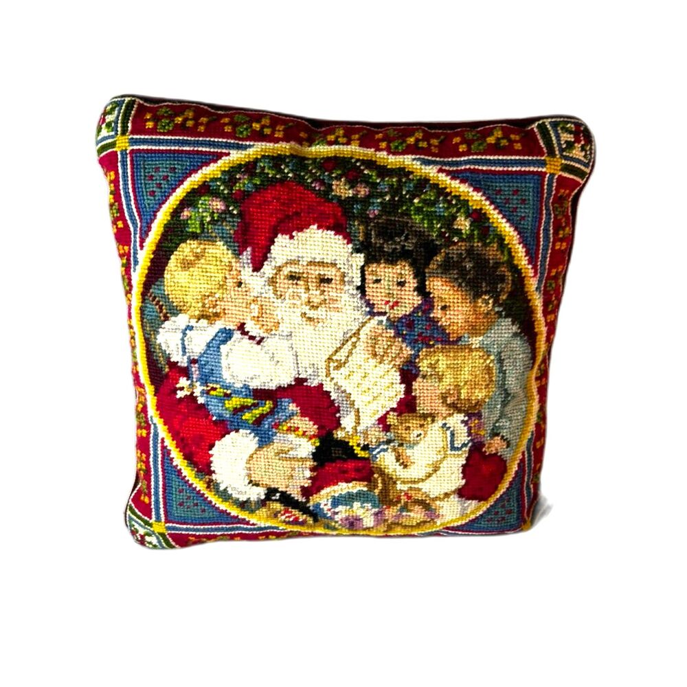 Santa Claus & Children Red Velvet Colorful Vintage Needlepoint Christmas Pillow